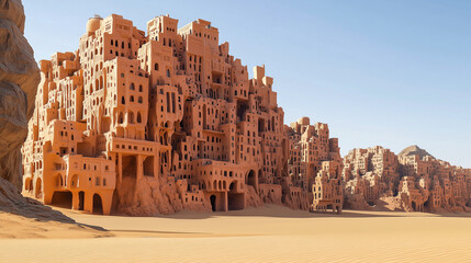 Desert city sculpted into massive sandstone formations, with buildings resembling abstract sculptures, blending seamlessly into the dunes.
