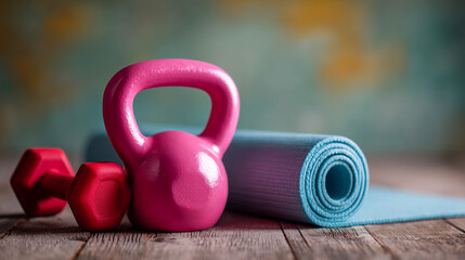 Close-up of a pink kettlebell and a red dumbbells with a rolled blue yoga mat on a wooden surface, with a green blurred background.