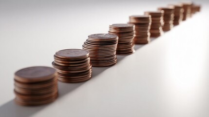 Coin stacks in straight line on white background