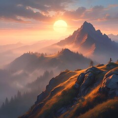 Fototapeta premium Mountain ridge with thick fog at sunrise, sunlight piercing through, creating glowing rays in the mist, peaceful and mysterious vibe.