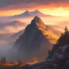 Fototapeta premium Mountain ridge with thick fog at sunrise, sunlight piercing through, creating glowing rays in the mist, peaceful and mysterious vibe.