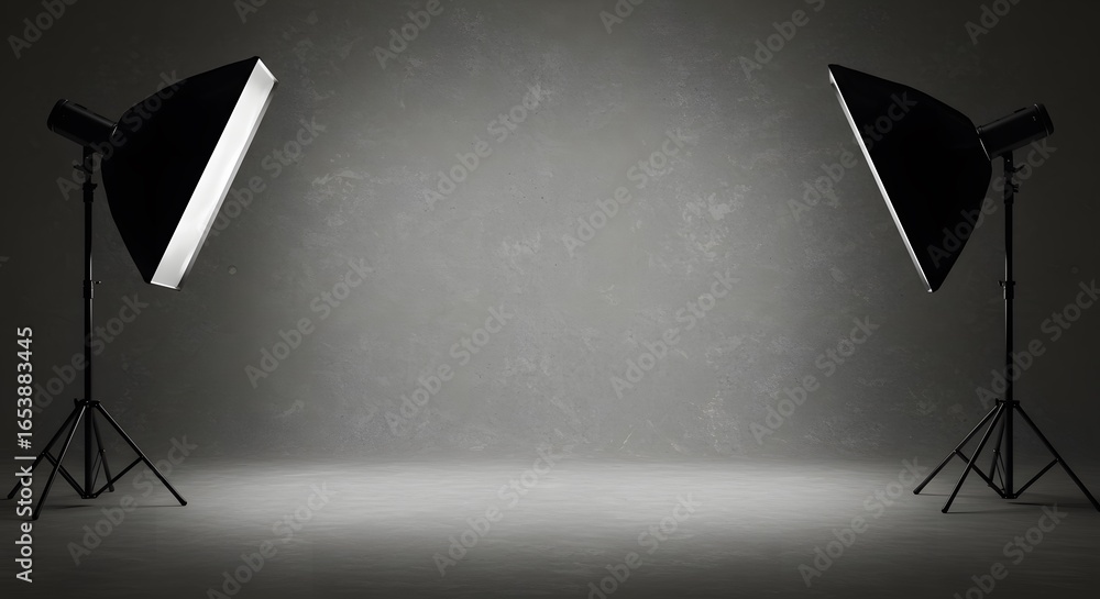 Poster two professional studio lighting setups with softboxes illuminating a gray background, creating a dr