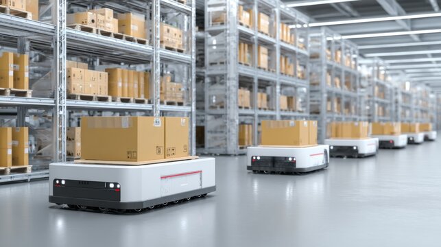 A large warehouse filled with boxes and robots. The robots are moving the boxes around, likely to be sorted or delivered to customers