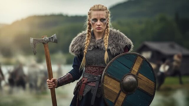 Valkyrie Shieldmaiden: A fierce female warrior in Viking armor, ready for battle, holding an axe and shield, with a blurred battlefield background.