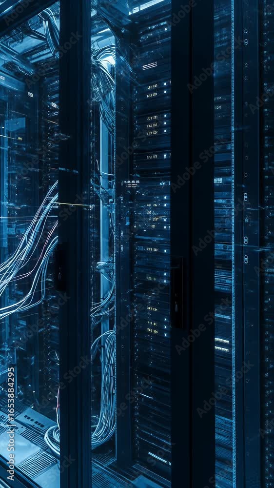 Poster abstract datacenter 3d render with blue lights and cables