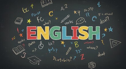 English language learning and education concept with colorful letters and educational symbols on a chalkboard