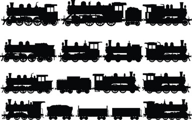 Silhouettes of vintage steam locomotives and wagons, classic train engine collection, retro transportation concept, black vector illustration set, historical railway transport, isolated design
