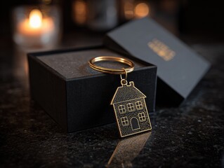 Gold house-shaped keychain in a black box