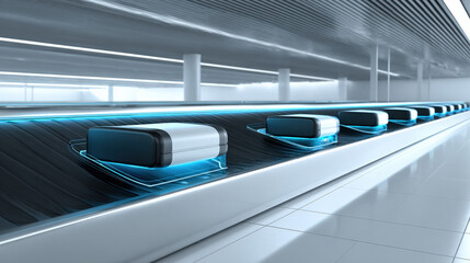 3D render of baggage carousel with digital overlay highlighting cleared luggage minimalism illustration concept scene visual for commercial design use high detail quality stock image illustration conc