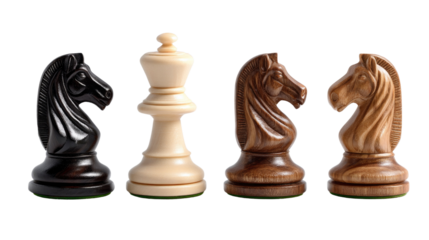 Chess Pieces Arrayed: A strategic quartet of chess pieces, intricately carved and exquisitely designed, stand poised in a focused composition.