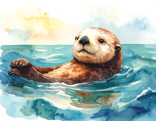 Cute sea otter floating in watercolor