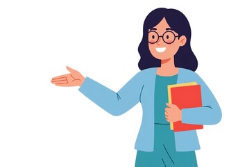 Friendly female teacher with glasses holding a book and gesturing, isolated on white background