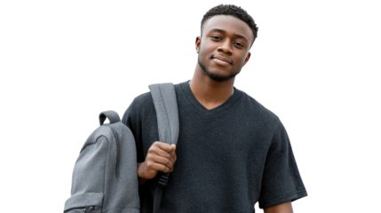 The Student: A confident young man, stands tall, shouldering his backpack with a calm smile, symbolizing education and ambition.