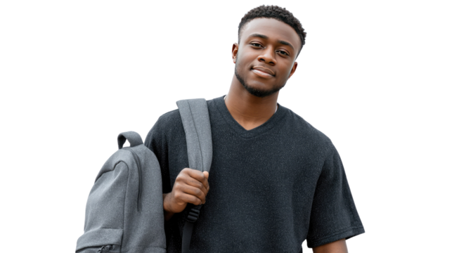 The Student: A confident young man, stands tall, shouldering his backpack with a calm smile, symbolizing education and ambition.