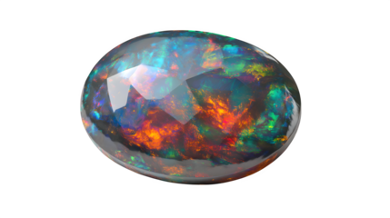 Black opal with dark body tone and colorful fire, photorealistic, isolated on white