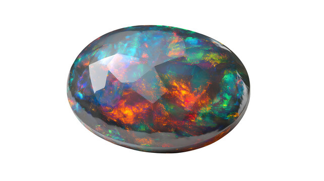 Black opal with dark body tone and colorful fire, photorealistic, isolated on white