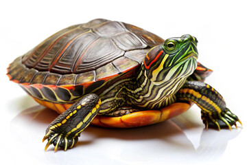Obraz premium Close up of a red eared slider turtle on a white background