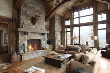 Rustic mountain lodge living room with fireplace and large windows