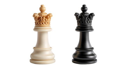 Chess King Piece: A detailed high-angle shot captures the stark contrast between a meticulously carved white king chess piece and its sleek black counterpart, evoking strategy.