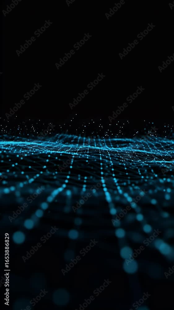 Poster abstract digital blue particles moving on a network grid background