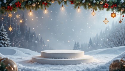 Fototapeta premium Snowy circular platform in a winter scene with Christmas trees and soft bokeh lights.