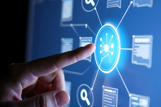 Finger touching a digital interface with network connection and data communication