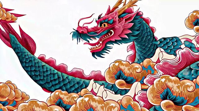 Dynamic Dragon Animation: Colorful Scales, Golden Horns, Mystical Clouds