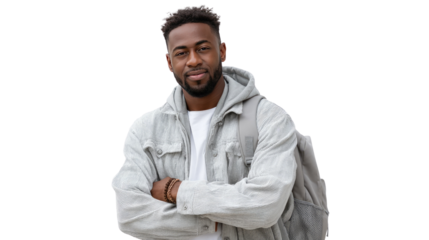 Confident Urban Portrait: A charismatic individual, sporting a stylish backpack and a modern layered ensemble, exudes confidence. The shot conveys a sense of contemporary style, individual expression.