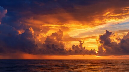 The sky is filled with clouds and the sun is setting. The clouds are orange and pink, creating a beautiful and serene atmosphere. The ocean is calm and peaceful, with the sun reflecting off the water