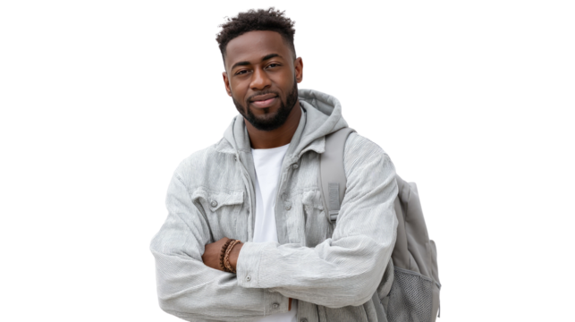 Confident Urban Portrait: A charismatic individual, sporting a stylish backpack and a modern layered ensemble, exudes confidence. The shot conveys a sense of contemporary style, individual expression.