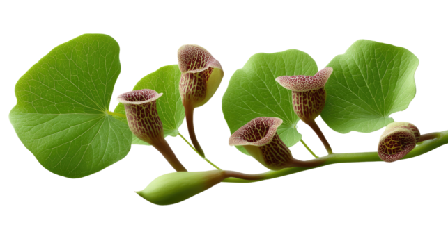 Aristolochia Grandiflora Blossom: Exotic Aristolochia Grandiflora flower with its intricate patterns and deep purplish brown hues set against its green leaf.