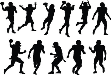 Silhouettes of American football players in action poses, throwing, catching, running, team sport athletes, black vector illustration set, isolated sports concept design