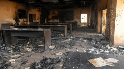 Destruction of Abandoned Office Space After Fire Incident Leaving Blackened Walls, Charred Furniture, and Debris in a Devastated Environment