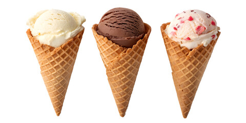 Three ice cream cones with different flavors isolated on transparent background