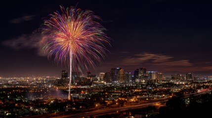 A fireworks display lights up the night sky over a city. The fireworks are bright and colorful, creating a festive atmosphere. The city below is illuminated by the lights of the fireworks