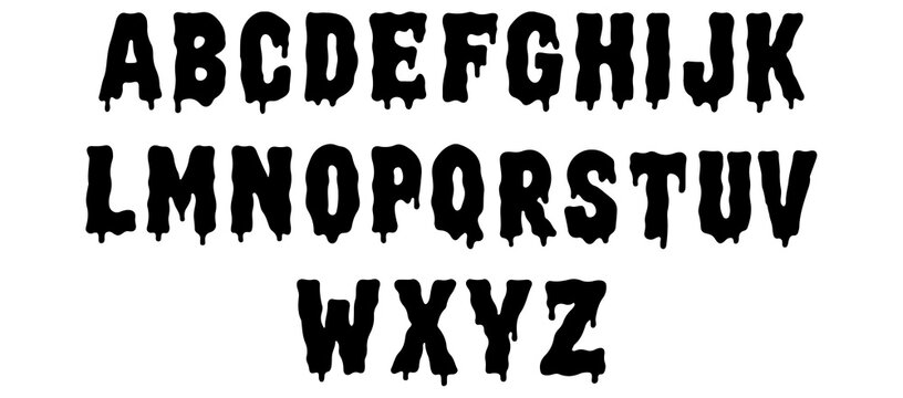Black alphabet letters with a dripping effect, isolated on a transparent background, representing a unique and creative font style for design and typography