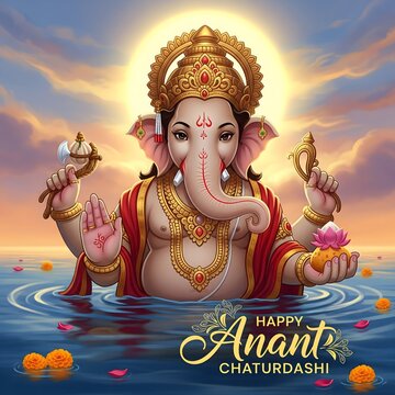 Happy Anant Chaturdashi illustration of Lord Ganesha in water with golden crown, holding lotus and symbolic weapons, surrounded by floating flowers, representing devotion, farewell, and cultural tradi