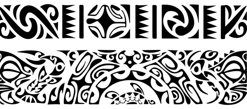 Collection of tribal tattoo patterns and decorative borders with intricate swirling designs and abstract motifs, isolated on a transparent background, perfect for ethnic and cultural design applicatio
