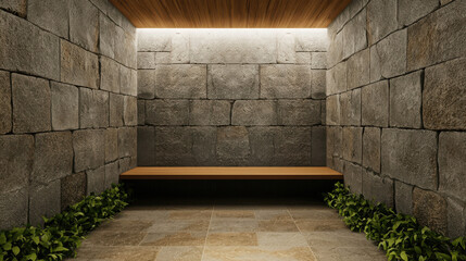 Modern Minimalist Interior with Stone Walls, Wooden Bench, and Subtle Lighting in a Serene and Tranquil Setting Ideal for Relaxation and Reflection
