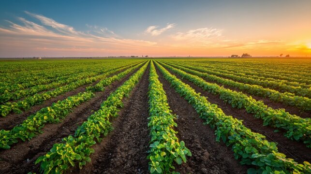 A field of green plants with a beautiful sunset in the background. The sky is filled with clouds, giving the scene a peaceful and serene atmosphere