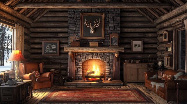 A cozy American hunting lodge featuring log walls, mounted antlers, and a roaring fireplace, exuding warmth in ultra HD realism.