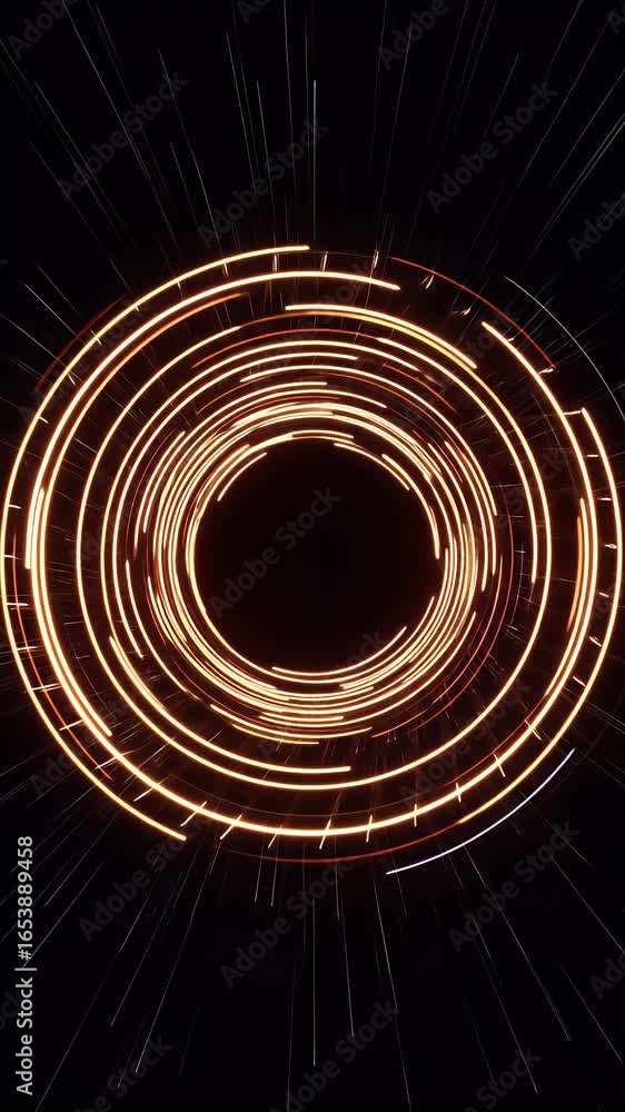 Poster abstract digital geometric tunnel with glowing orange rings and particles animation loop