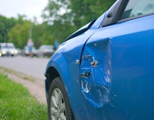 Damaged blue car, accident scene