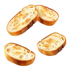 Four slices of lightly toasted rustic bread isolated on a white background.