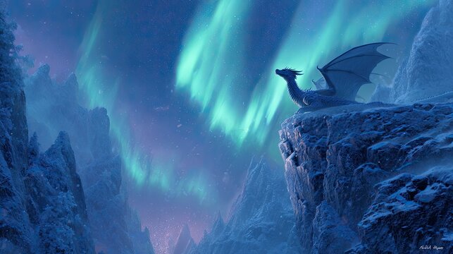 A benevolent dragon perched on an icy cliff under aurora lights offers a glowing crystal to a traveler, transcendent and serene