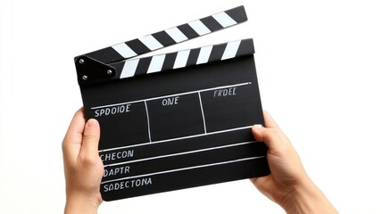 Hands hold a black clapperboard
