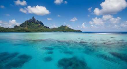 Photo of turquoise lagoon with lush green mountains under a blue sky with white clouds in a tropical paradise