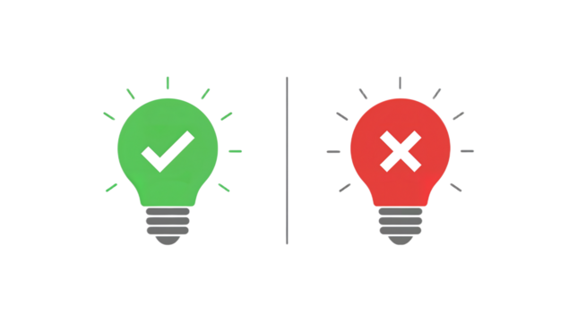 Concept Evaluation Green checkmark light bulb for good ideas, red X mark light bulb for bad ideas, symbolizing approval and rejection.