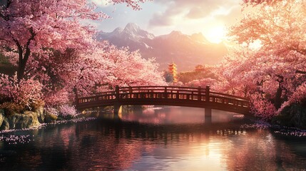 Experience the breathtaking beauty of Japanese cherry blossom trees in full bloom along a serene riverbank, illuminated by spring sunlight.