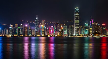 Fototapeta premium Photo of hong kong skyline at night, illuminated by vibrant city lights reflecting on the water